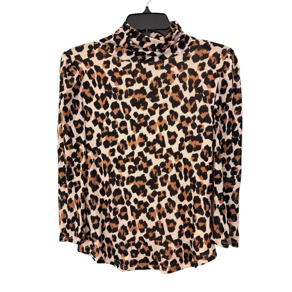 Free People Gather Turtleneck Top Women’s Size M Leopard Combo Mesh Puff Sleeve